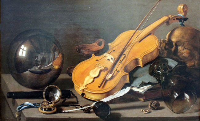 vanitas with violin and glass ball